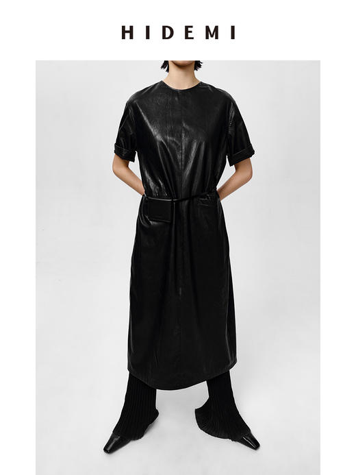 HIDEMI 极简翻领立领廓形口袋环保皮连衣裙皮裙 商品图7