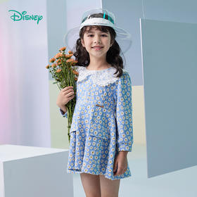 迪士尼童装女童小雏菊连衣裙中大童宝宝洋气针织布长袖裙子蕾丝领