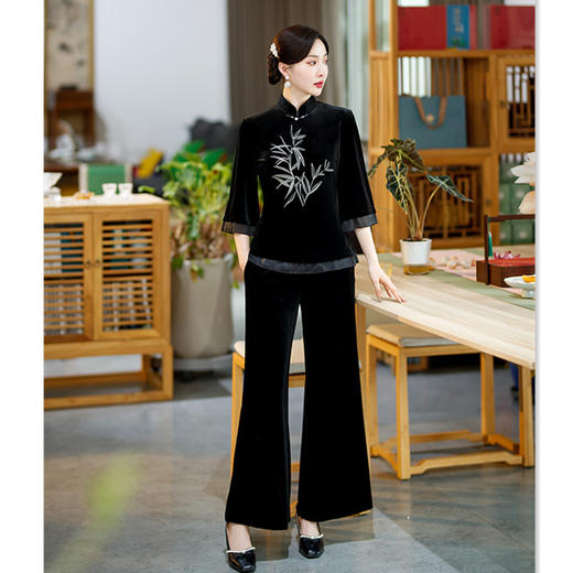 丝绒绣花旗袍上衣阔腿裤旗袍套装GX22917 商品图0