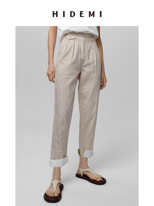 HIDEMI 原色水洗色织极简高腰卷边锥形裤 商品图0