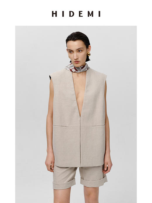 HIDEMI 极简V领原色自然亚麻西装系列套装 廓形马夹/西裤中短裤 商品图2