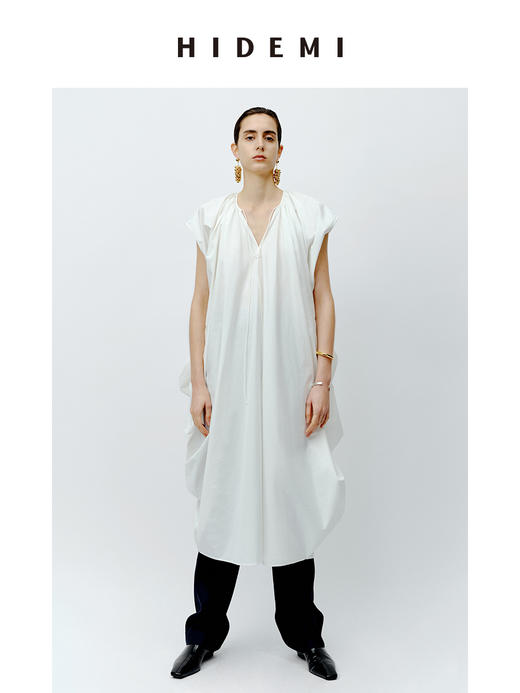 HIDEMI 抽绳立体褶皱设计感大茧型系带衬衫连衣裙 白色/黑色 商品图11