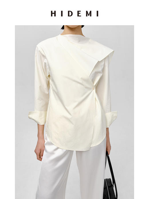 HIDEMI 不规则丝巾领纽扣设计感衬衫 奶油米/沙丘灰 商品图9