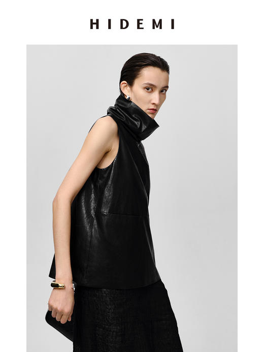 HIDEMI 极简翻领立领廓形口袋环保皮马夹外套皮衣 商品图6