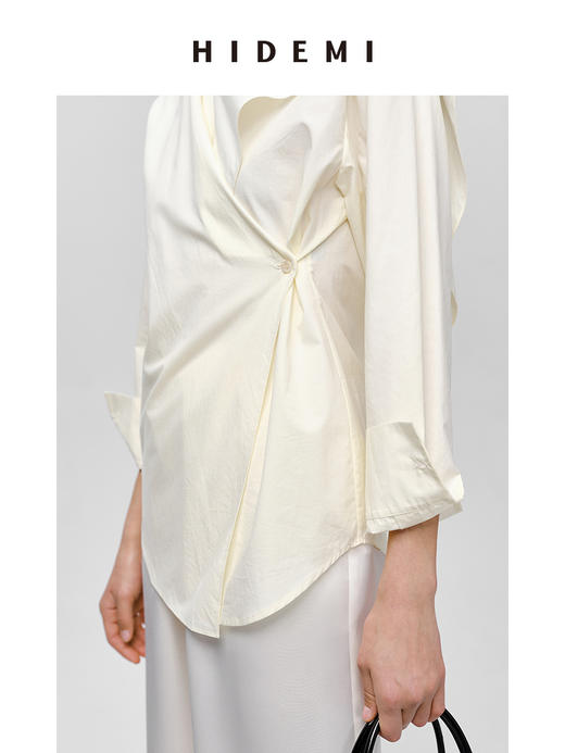 HIDEMI 不规则丝巾领纽扣设计感衬衫 奶油米/沙丘灰 商品图8