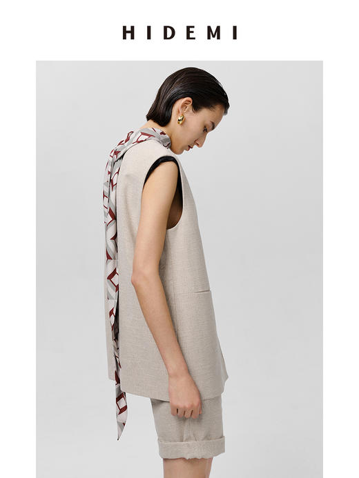 HIDEMI 极简V领原色自然亚麻西装系列套装 廓形马夹/西裤中短裤 商品图4