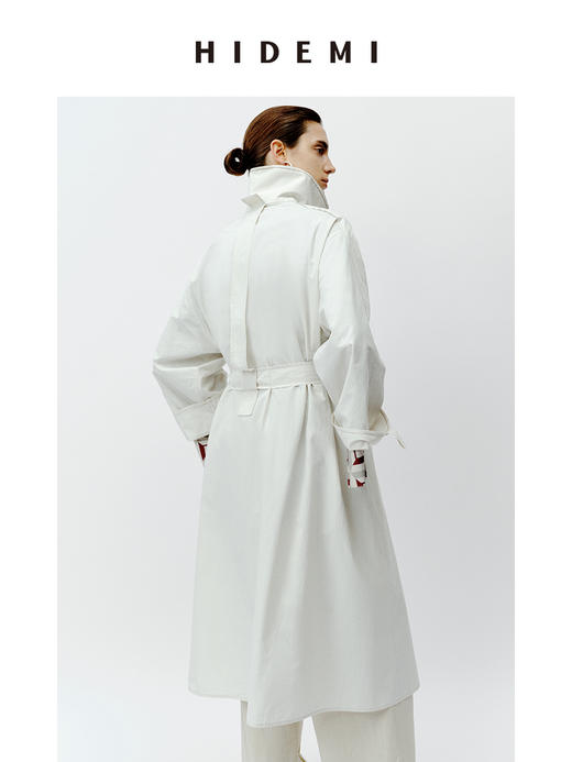 HIDEMI 极简设计感明线廓形立领腰带式长款水洗棉风衣 商品图6