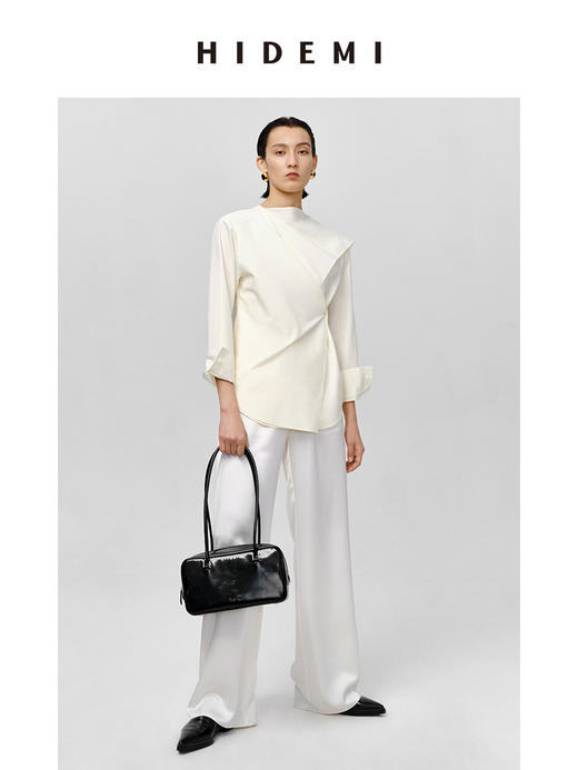 HIDEMI 不规则丝巾领纽扣设计感衬衫 奶油米/沙丘灰 商品图3