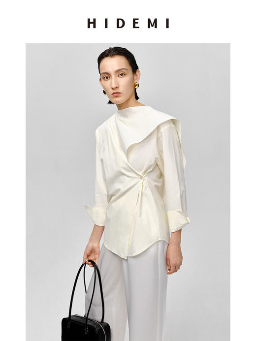 HIDEMI 不规则丝巾领纽扣设计感衬衫 奶油米/沙丘灰 商品图6