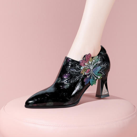 优雅百搭，尖头超迁皮粗跟高跟鞋YSML-A009-H958 商品图0