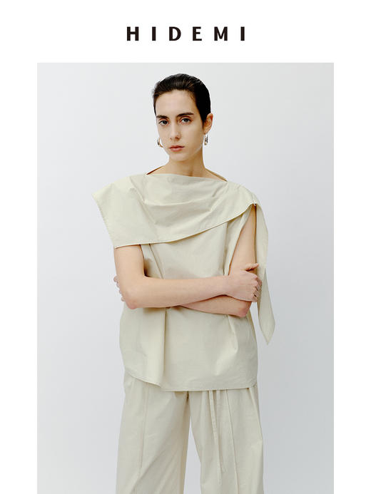 HIDEMI 不对称设计感水洗棉极简廓形两件套套装 上衣/阔腿裤 商品图7