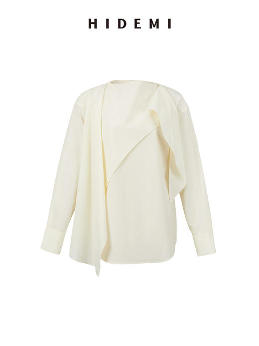 HIDEMI 不规则丝巾领纽扣设计感衬衫 奶油米/沙丘灰 商品图10
