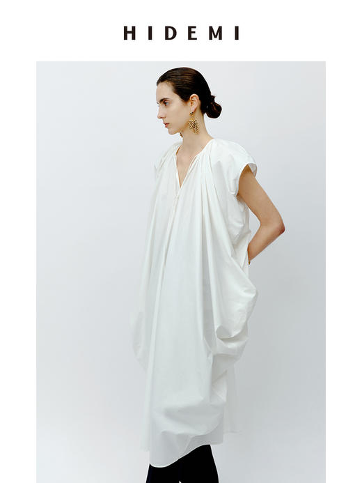 HIDEMI 抽绳立体褶皱设计感大茧型系带衬衫连衣裙 白色/黑色 商品图6