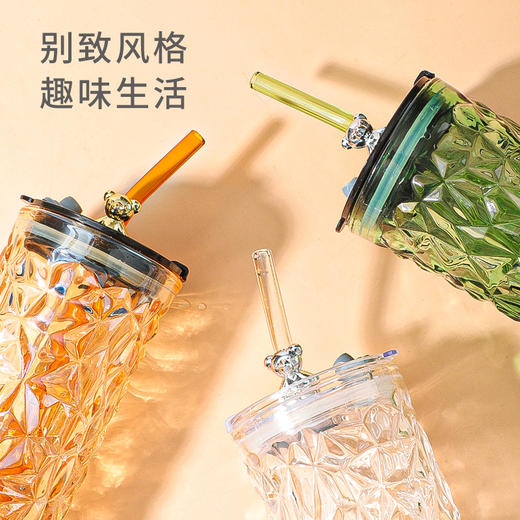 「三色可选！一杯倾心」小熊系列玻璃杯 带吸管杯子创意可爱办公室水杯牛奶杯餐饮用具 商品图3