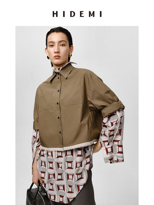 HIDEMI 军绿色极简廓形短款毛边拼接衬衫 商品图5