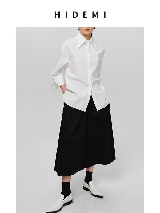 HIDEMI 极简剪刀领宽松廓形水洗棉衬衫 白色/灰雾绿 商品图5