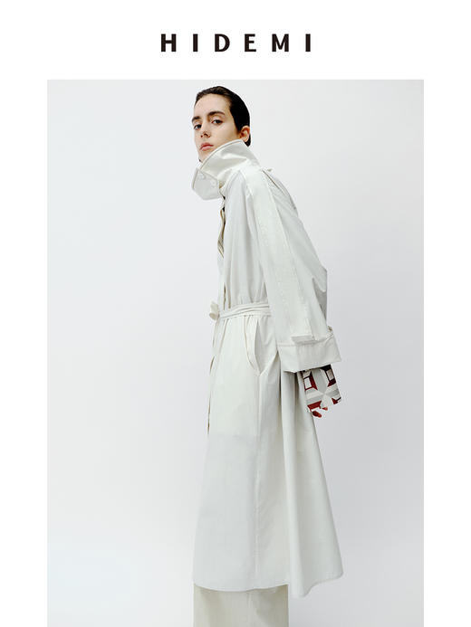 HIDEMI 极简设计感明线廓形立领腰带式长款水洗棉风衣 商品图2
