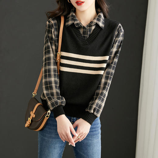 清新减龄，翻领拼接格纹假两件衬衫HR-LDSB232 商品图0