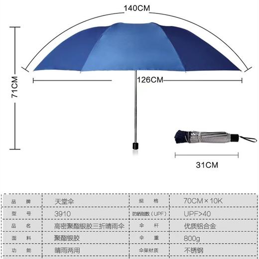 天堂伞3910强力拒水防紫外线防晒遮阳加大十骨睛雨伞银胶三折伞1把 商品图4