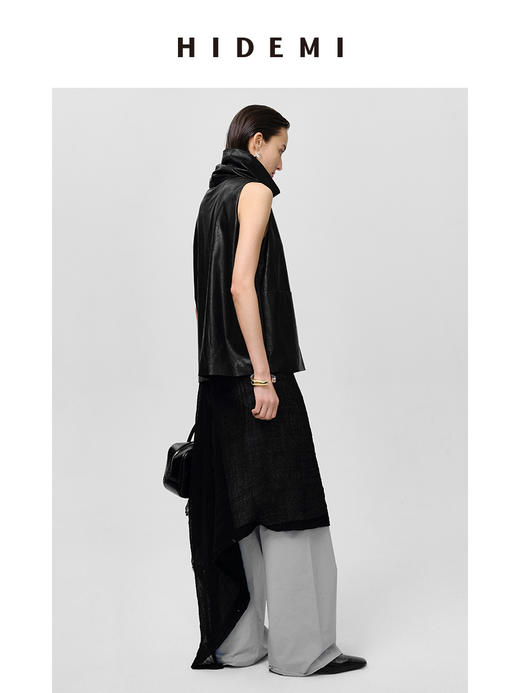 HIDEMI 极简翻领立领廓形口袋环保皮马夹外套皮衣 商品图4