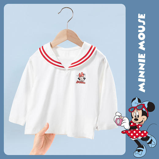 【商场同款】迪士尼童装女童长袖T恤条纹翻领海军学院风气质上衣粉白红米妮潮221DS0466 商品图4
