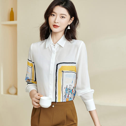 剩XXL 米思阳2025春季新款气质柔软真丝衬衫桑蚕丝时尚印花女士衬衣0386 商品图0