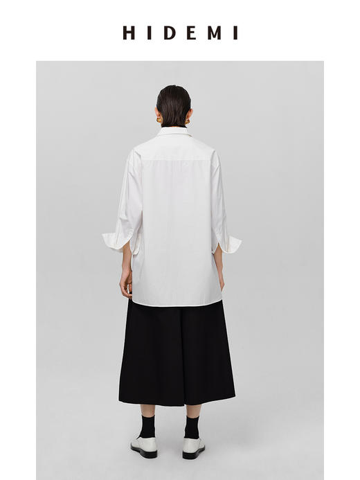 HIDEMI 极简剪刀领宽松廓形水洗棉衬衫 白色/灰雾绿 商品图4