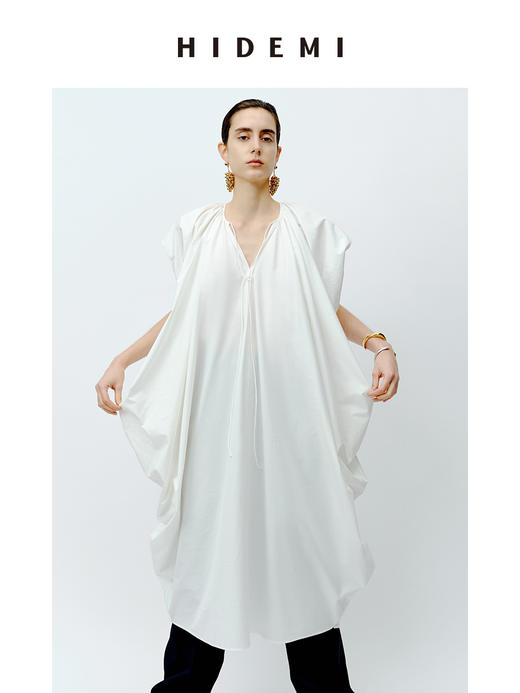 HIDEMI 抽绳立体褶皱设计感大茧型系带衬衫连衣裙 白色/黑色 商品图0