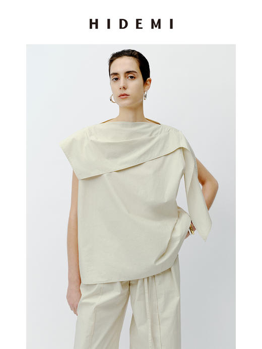 HIDEMI 不对称设计感水洗棉极简廓形两件套套装 上衣/阔腿裤 商品图3
