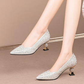 法式水晶鞋水钻异型跟，尖头高跟鞋女粗跟单鞋HY-H3094