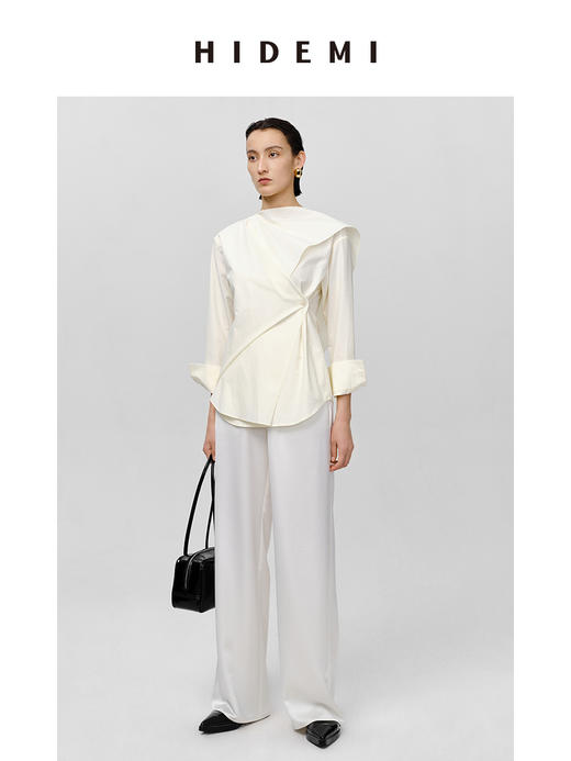 HIDEMI 不规则丝巾领纽扣设计感衬衫 奶油米/沙丘灰 商品图1