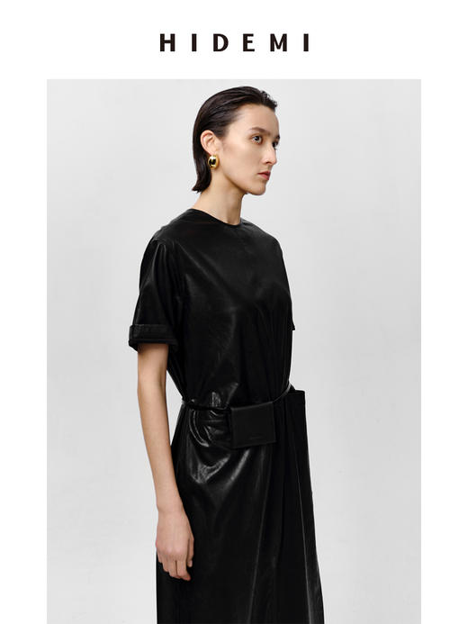 HIDEMI 极简翻领立领廓形口袋环保皮连衣裙皮裙 商品图10