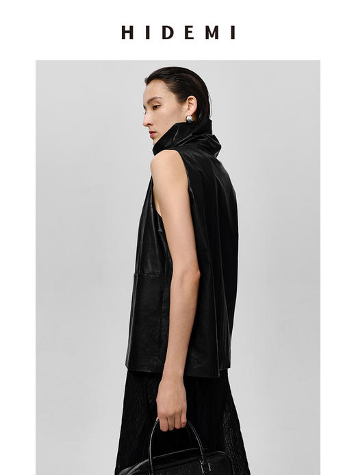 HIDEMI 极简翻领立领廓形口袋环保皮马夹外套皮衣 商品图5
