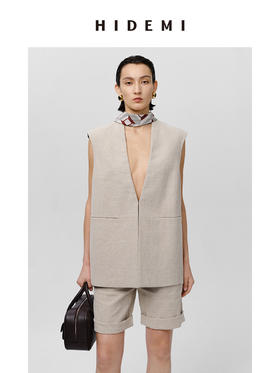 HIDEMI 极简V领原色自然亚麻西装系列套装 廓形马夹/西裤中短裤