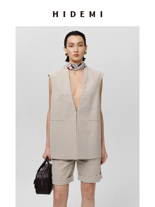 HIDEMI 极简V领原色自然亚麻西装系列套装 廓形马夹/西裤中短裤 商品图0