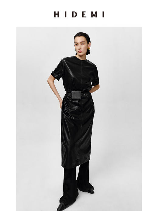 HIDEMI 极简翻领立领廓形口袋环保皮连衣裙皮裙 商品图11