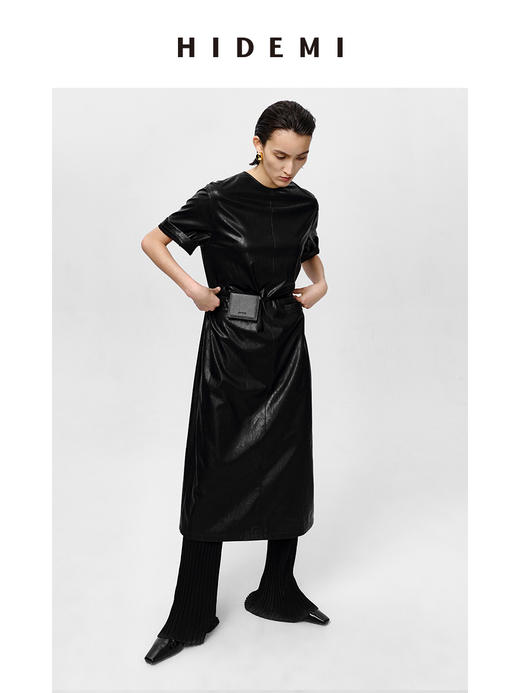 HIDEMI 极简翻领立领廓形口袋环保皮连衣裙皮裙 商品图8