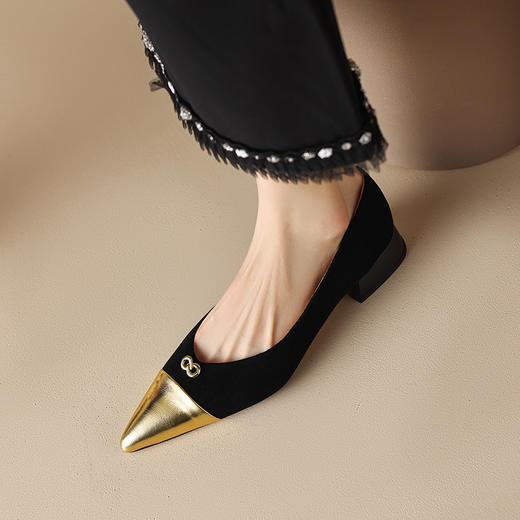 法式拼色低跟鞋，名媛风尖头粗跟浅口黑色单鞋HBP-5062 商品图5