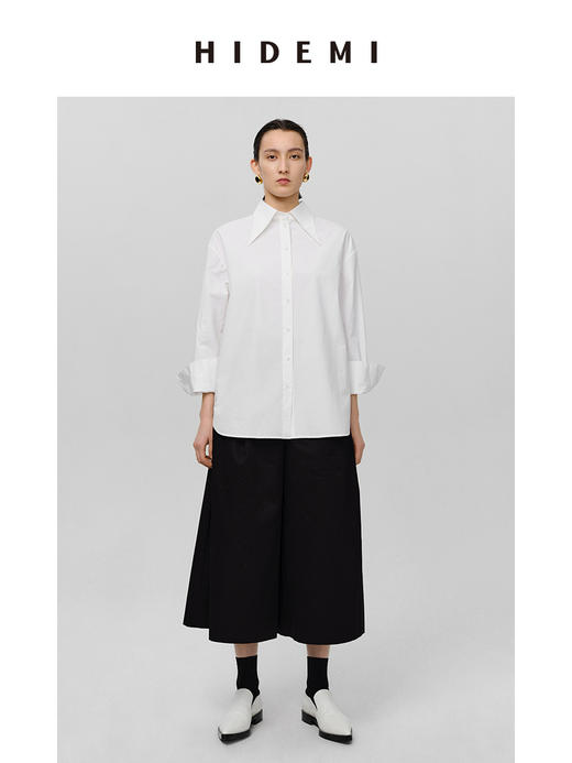 HIDEMI 极简剪刀领宽松廓形水洗棉衬衫 白色/灰雾绿 商品图0