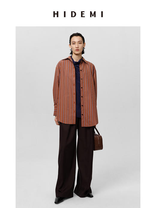 HIDEMI 砖红色色织条纹极简廓形剪刀领衬衫 商品图7