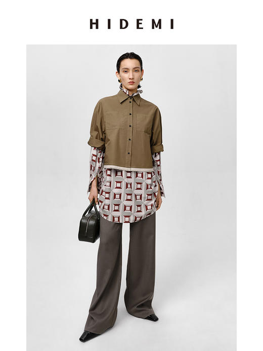 HIDEMI 军绿色极简廓形短款毛边拼接衬衫 商品图3