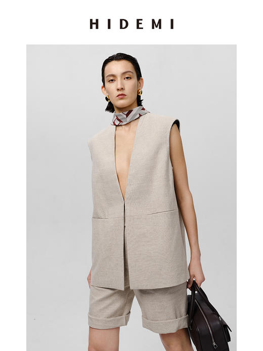 HIDEMI 极简V领原色自然亚麻西装系列套装 廓形马夹/西裤中短裤 商品图11