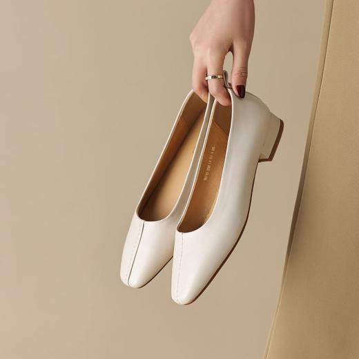 低跟米白色方头玛丽珍鞋，焦糖色平底鞋女软底浅口单鞋OFSM-6715 商品图5