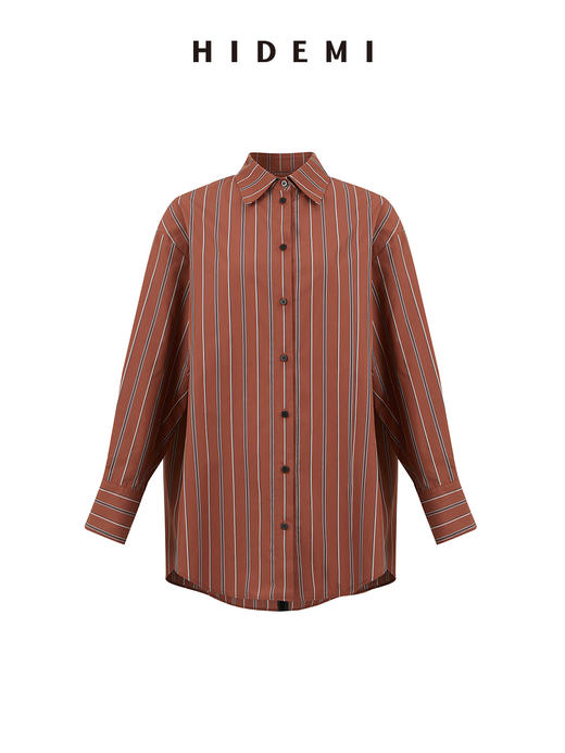 HIDEMI 砖红色色织条纹极简廓形剪刀领衬衫 商品图13