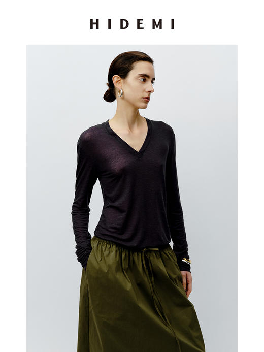 HIDEMI 柔顺云朵感清透V领超显瘦长袖薄针织T恤上衣 黑色/灰色/白色 商品图6