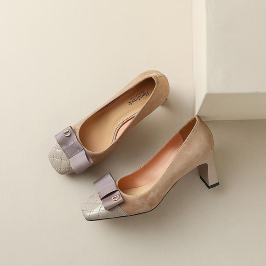 仙女风方头蝴蝶结单鞋女，羊翻皮拼接粗跟温柔鞋中跟杏色鞋LD-6266 商品图5