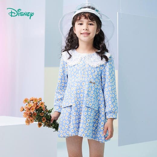 迪士尼童装女童小雏菊连衣裙中大童宝宝洋气针织布长袖裙子蕾丝领 商品图3