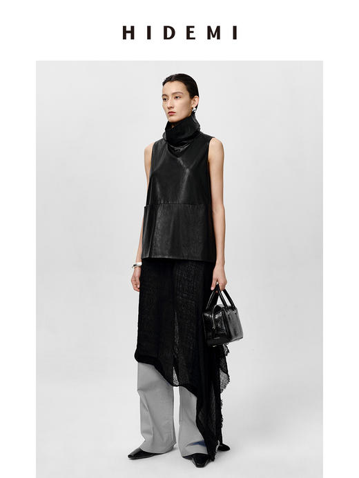 HIDEMI 极简翻领立领廓形口袋环保皮马夹外套皮衣 商品图2