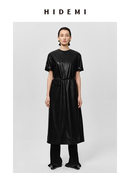 HIDEMI 极简翻领立领廓形口袋环保皮连衣裙皮裙 商品图0