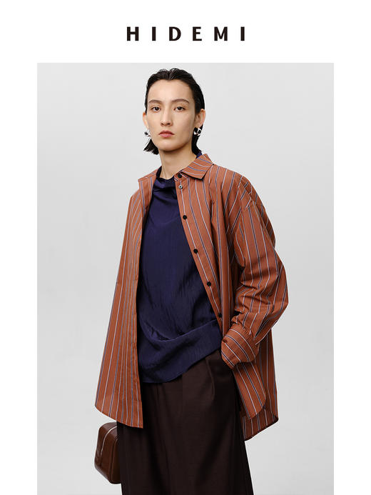 HIDEMI 砖红色色织条纹极简廓形剪刀领衬衫 商品图10